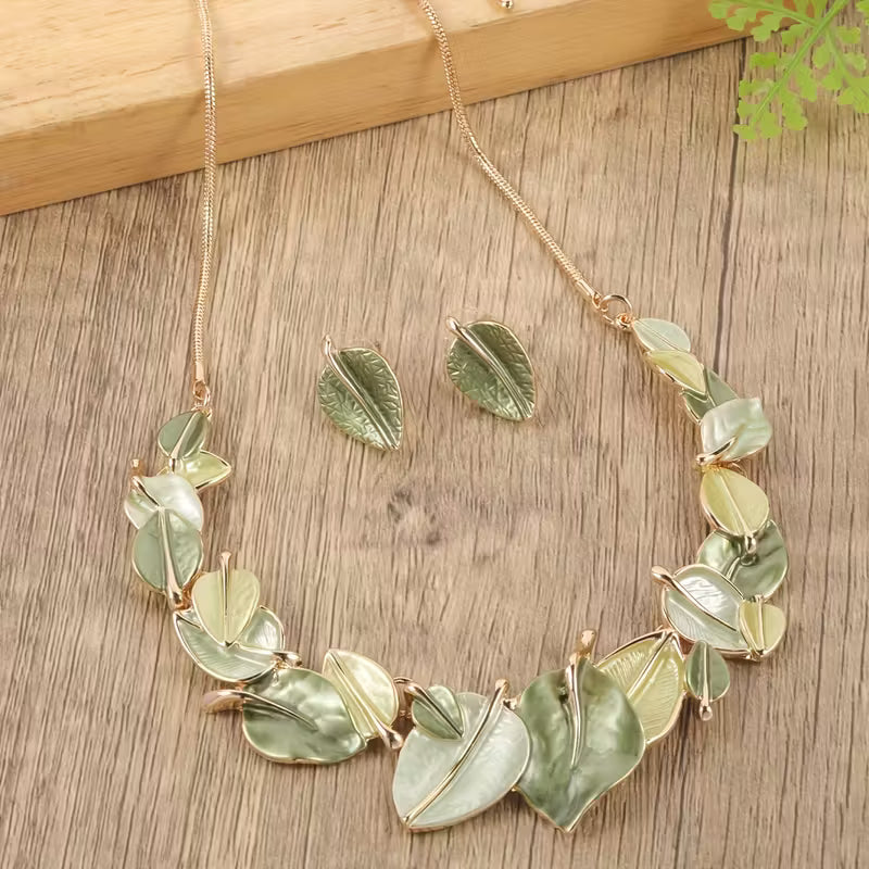 Verdant Leaf Symphony Necklace & Earring Set