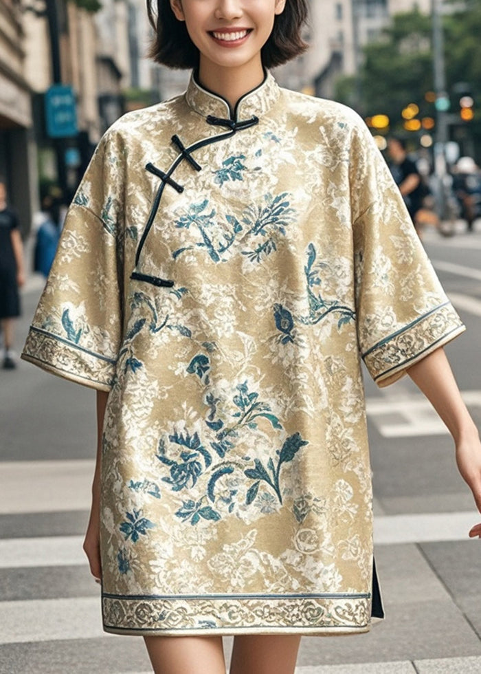 Khaki Print Chinese Style Mini Dresses Half Sleeve