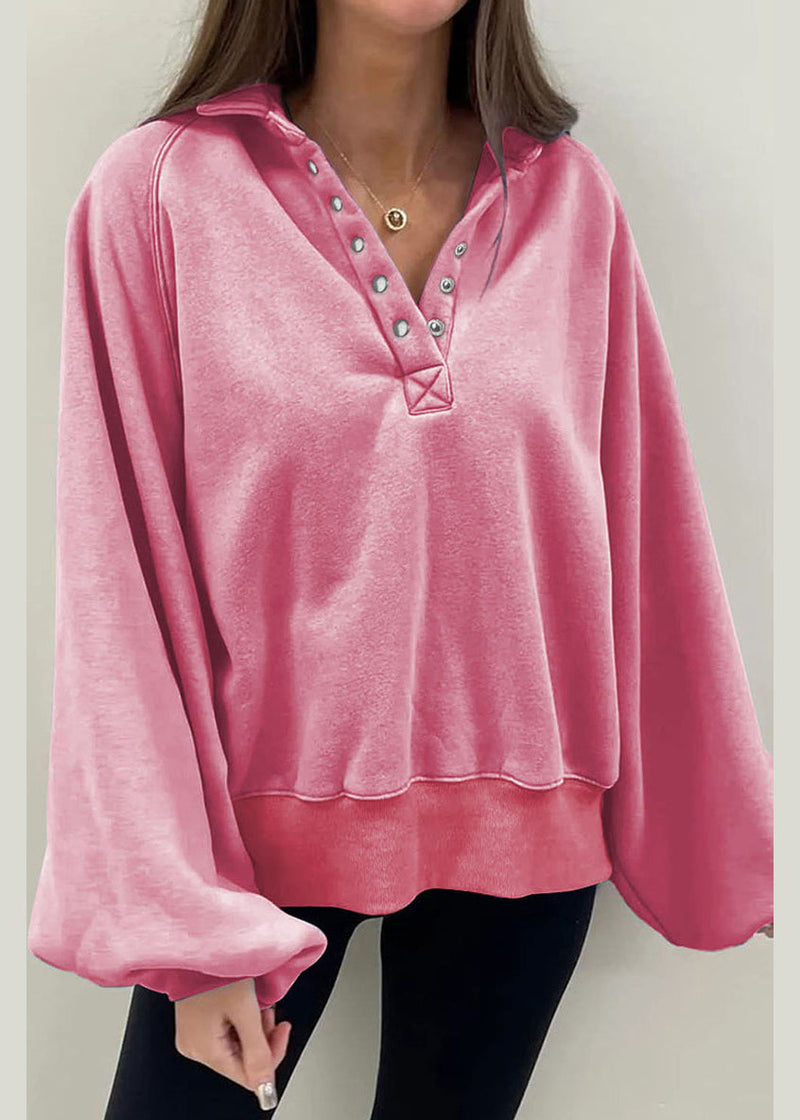 Pink Peter Pan Collar Cotton Sweatshirt Lantern Sleeve