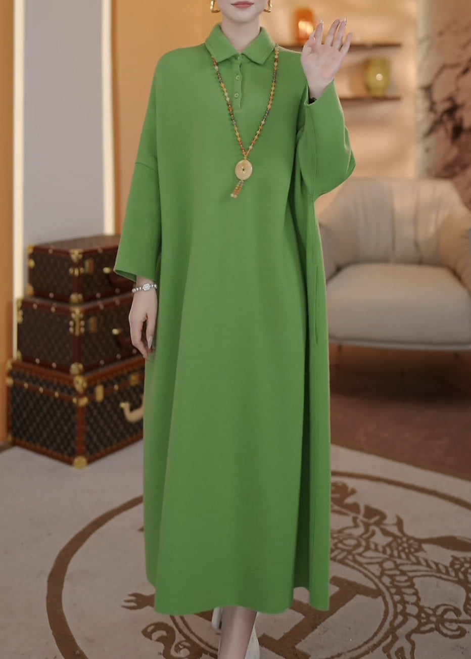 Loose Green Peter Pan Collar Button Cotton Long Dresses Batwing Sleeve