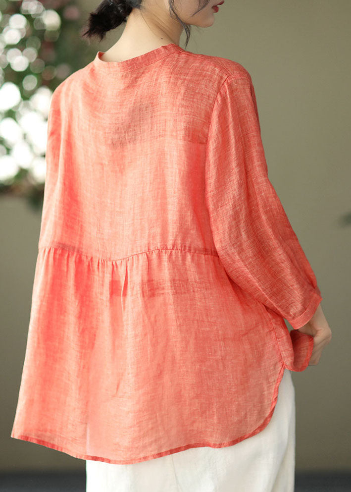 Orange Stand Collar Linen Blouse Top Bracelet Sleeve