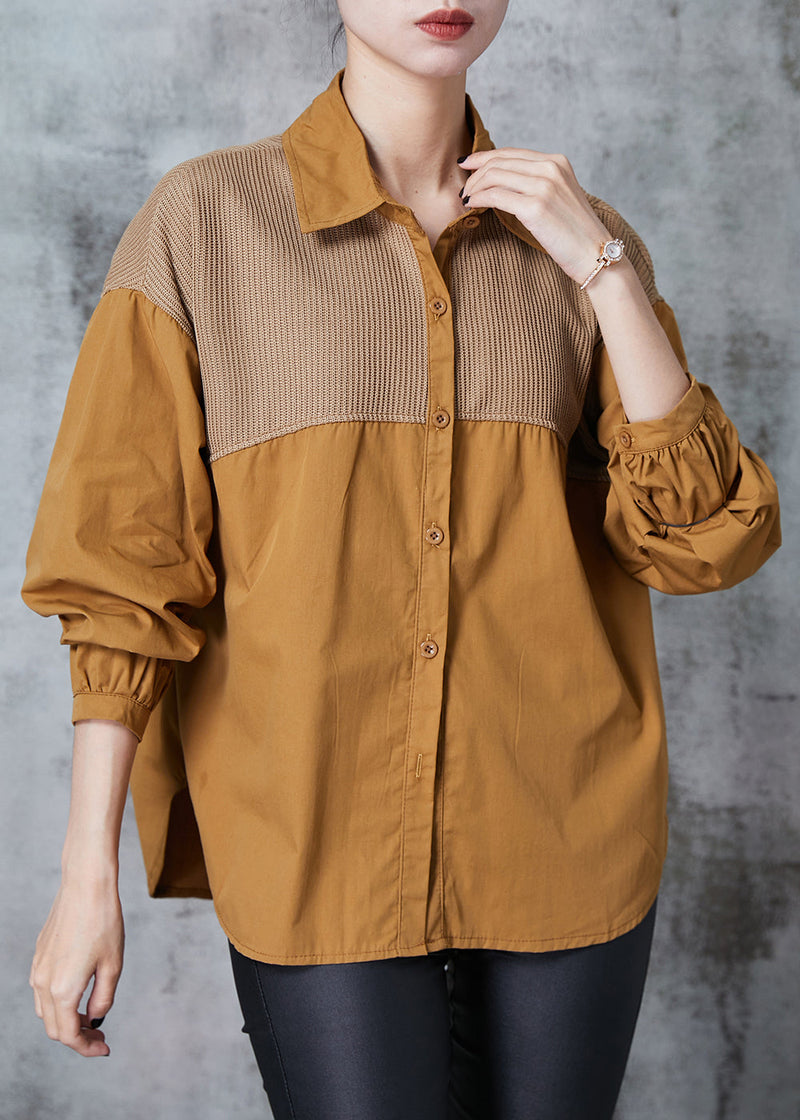 Caramel Oversized Patchwork Cotton Shirts Fall