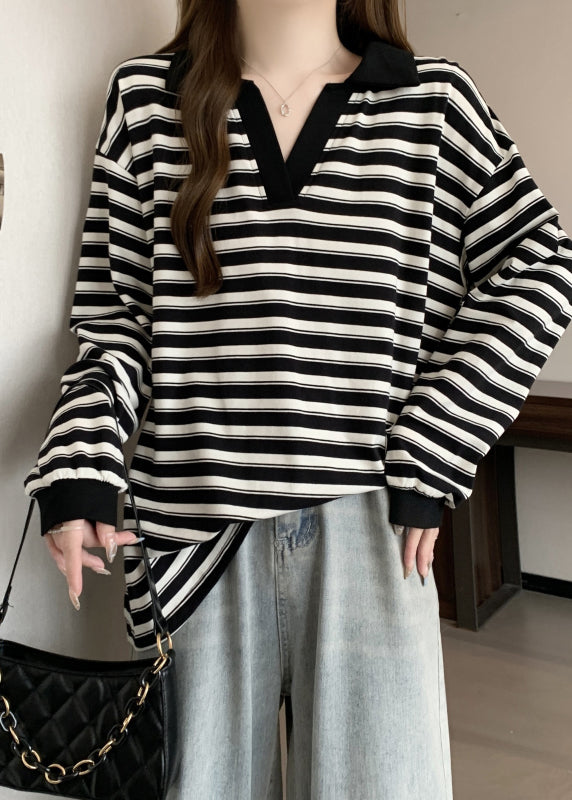 Black Oversized Striped Cotton Blouses Fall