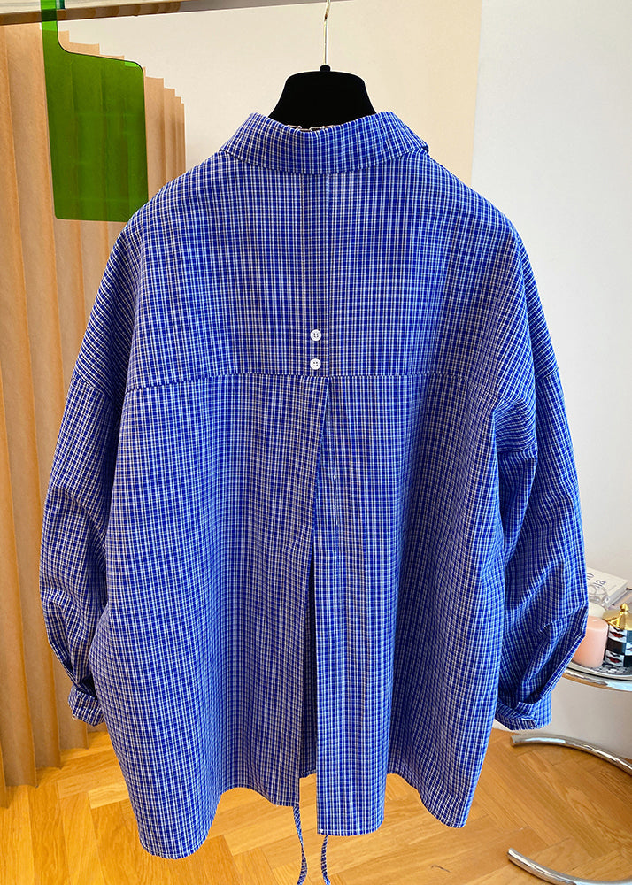 Blue Peter Pan Collar Plaid Cotton Shirts Top Fall