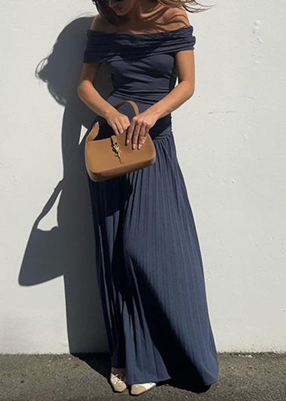 Navy Wrinkled Long Dresses Slash Neck Summer