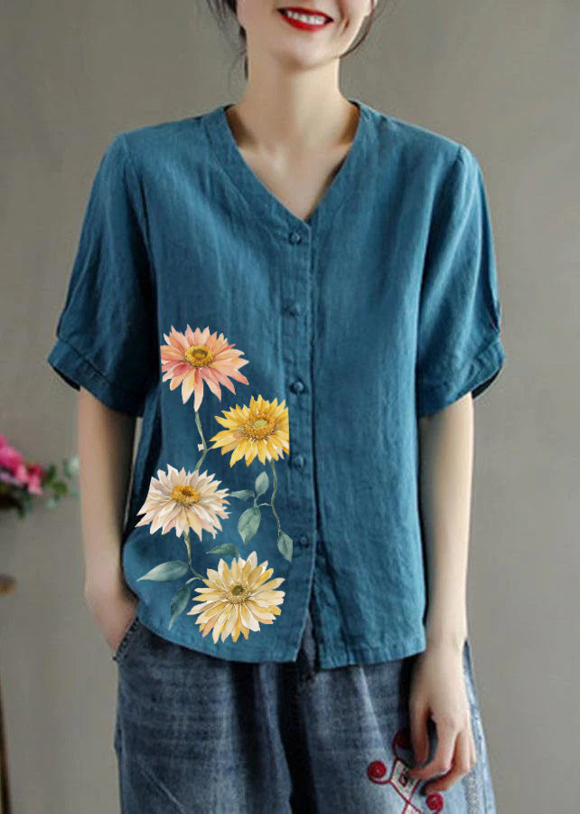 Loose Pink-flower V Neck Embroidered Summer Linen Shirt
