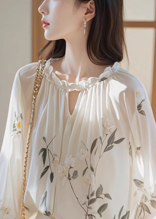 White Ruffled Print Chiffon Shirt Fall