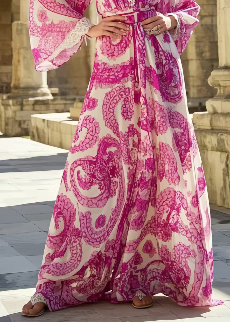 Rose Print Exra Large Hem Chiffon Vacation Dresses Spring