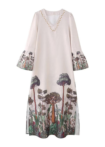 V Neck Print Side Open Cotton Long Dresses Summer