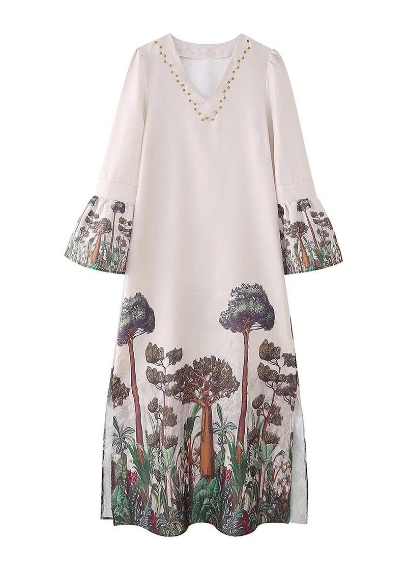 V Neck Print Side Open Cotton Long Dresses Summer