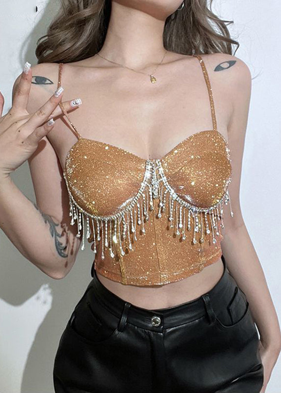 Khaki Straight Neck Rhinestone Tassel Short Strap