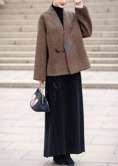 Modern Chocolate V Neck Embroidered Thick Teddy Faux Fur Coats Winter