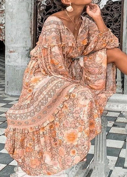 Pink V Neck Print Ruffled Cotton Long Dress Spring