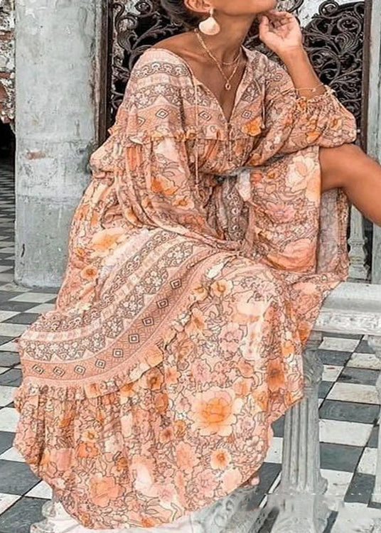 Pink V Neck Print Ruffled Cotton Long Dress Spring