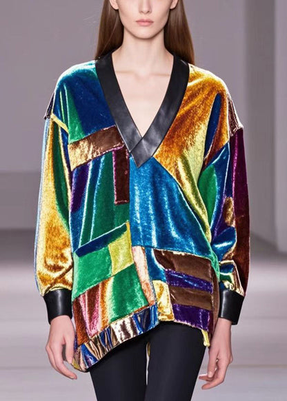 Multicolour Asymmetrical Patchwork Silk Velour Shirts Fall