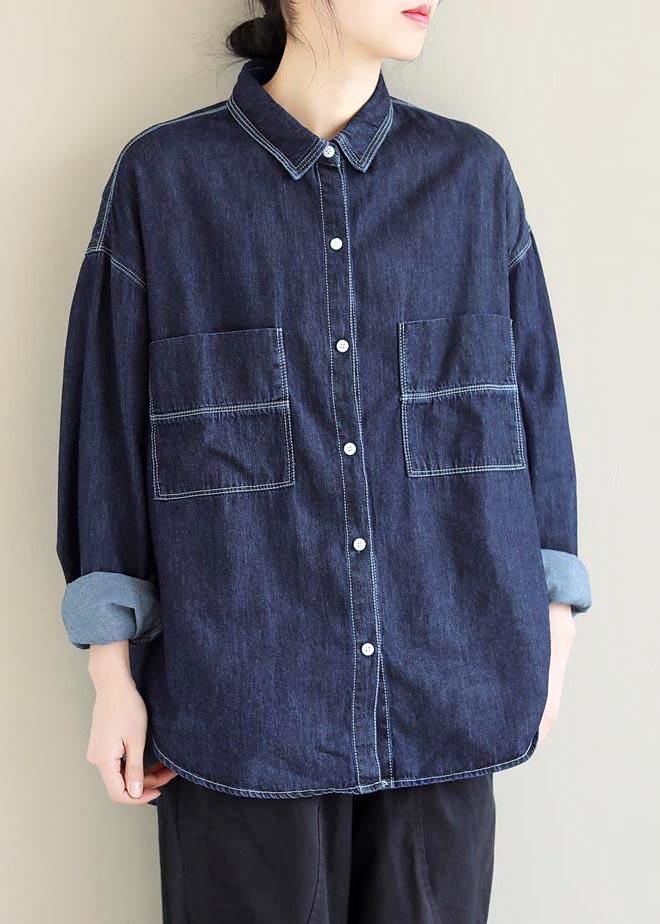 Lapel Pockets Spring Tops Pattern Denim Blue Shirt