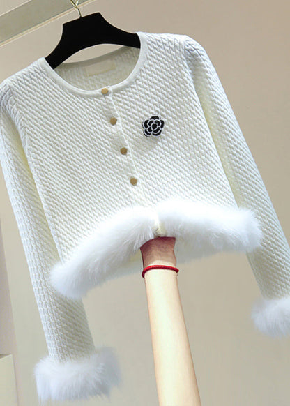 Stylish Grey O-neck Fuzzy Fur Fluffy Cotton Knit Sweater Winter