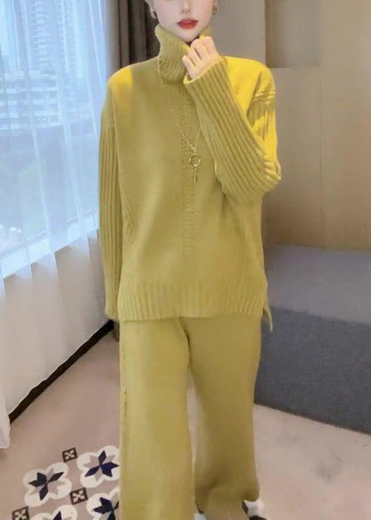 Simple Yellow Turtleneck Knit Two Pieces Set Winter
