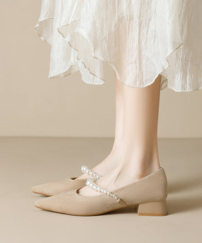 Black Chunky Shoes Suede Classy Pearl Splicing Pointed Toe