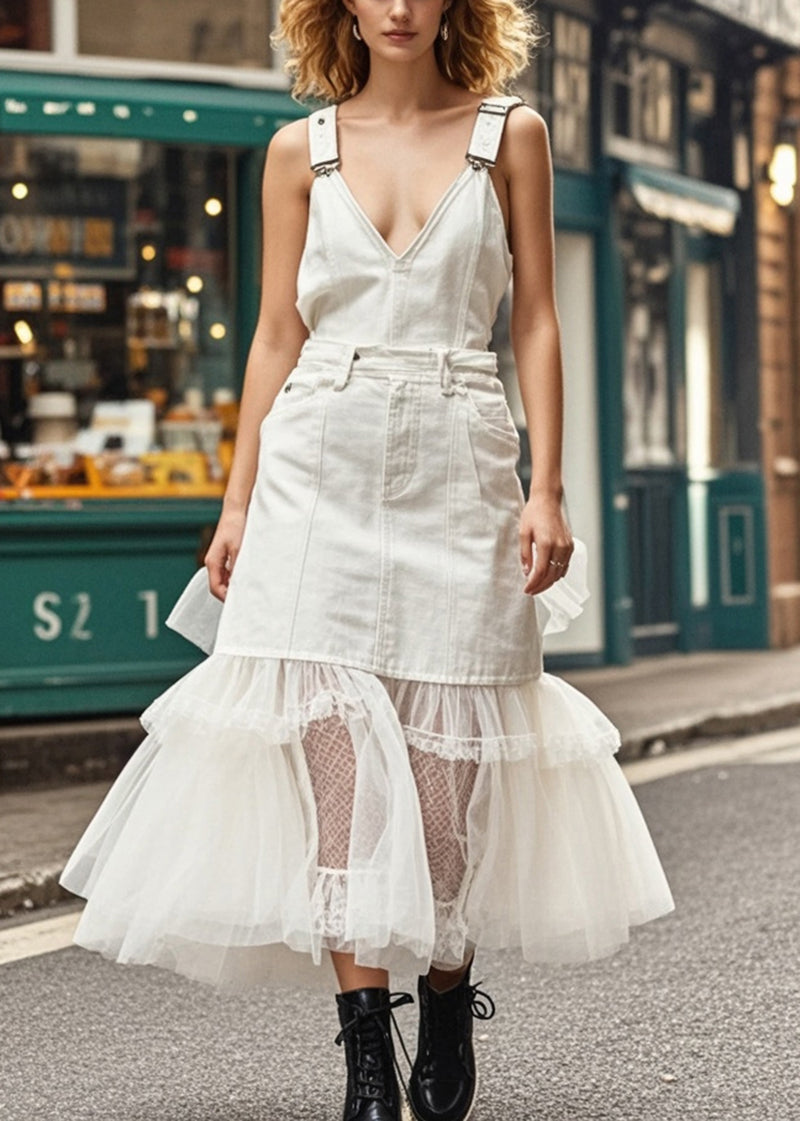 White V Neck Patchwork Tulle Denim Dresses Summer