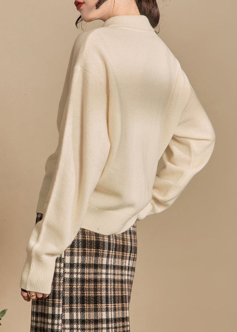 Beige Bow Button Knit Sweaters Winter