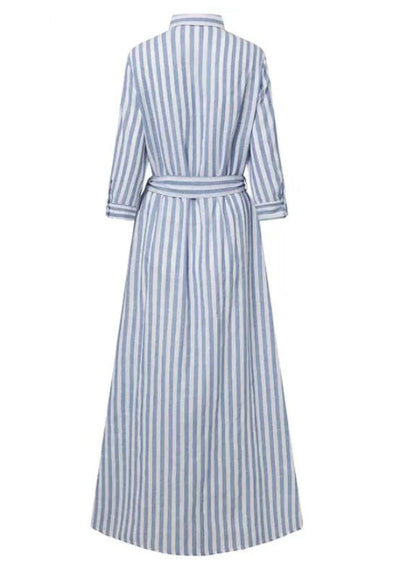 Blue Striped Tie Waist Cotton Shirt Dress Summer