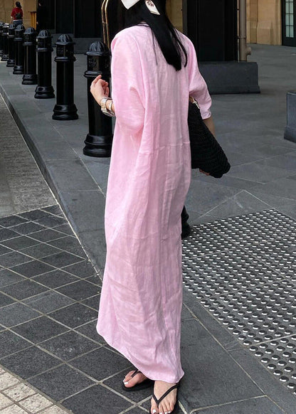 Pink V Neck Cotton Long Dresses Summer