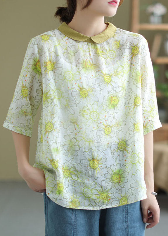 Yellow Peter Pan Collar Print Patchwork Linen Top Summer