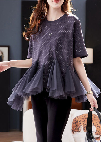 Grey O-neck Tulle Patchwork Zirco Knit T Shirt Short Sleeve