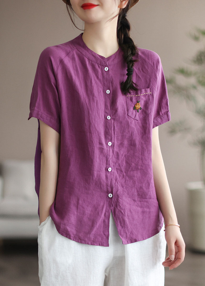 Purple Embroidered Patchwork Linen Blouse Top Summer