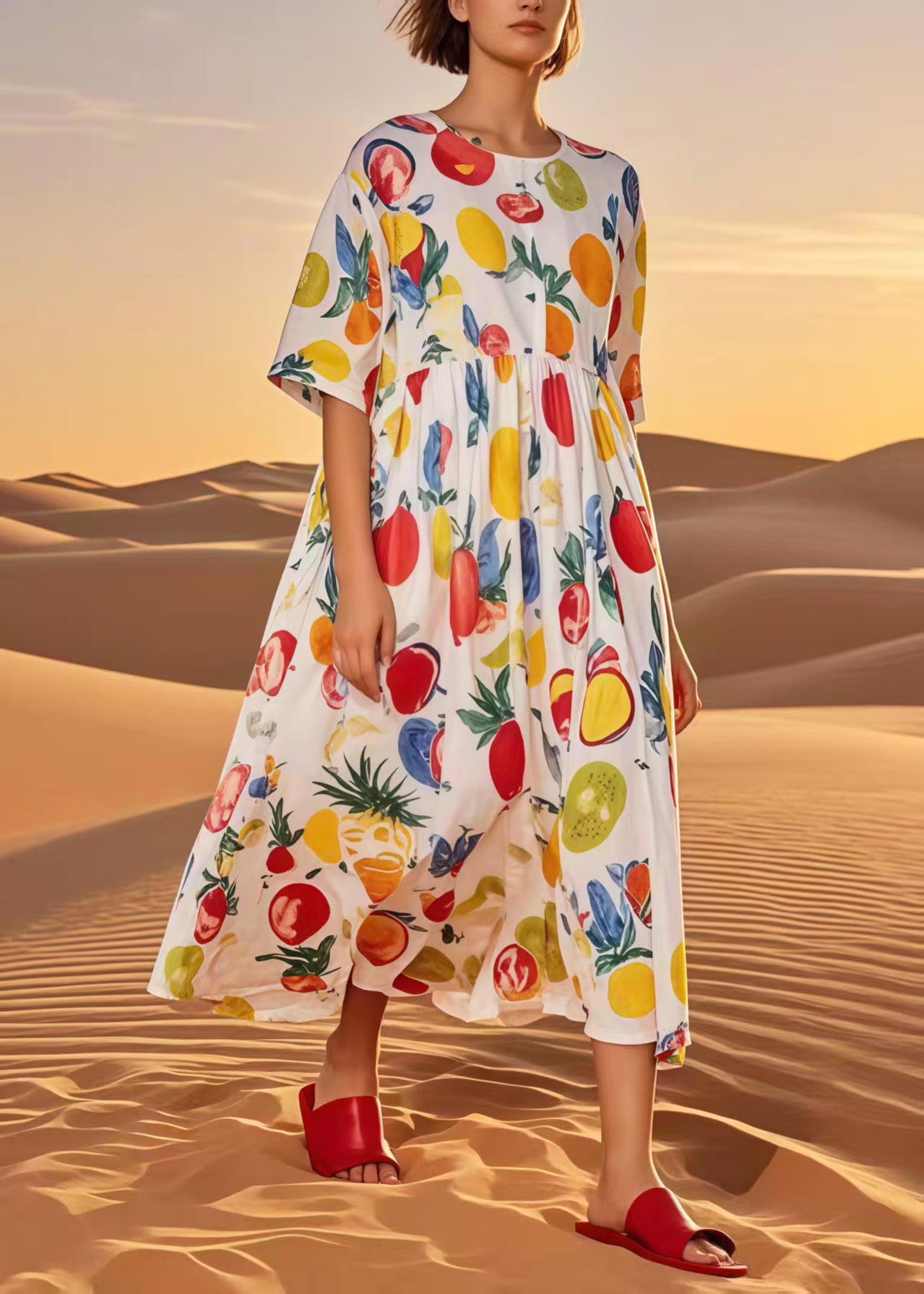 Multicolour Fruit Print Cotton Loose Dress Summer