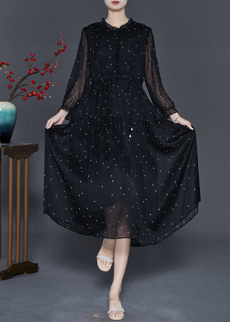 Black Tie Waist Dot Chiffon Long Dress Fall