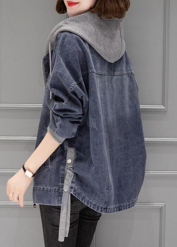 Grey Blue Patchwork Drawstring Hooded Denim Coat Fall