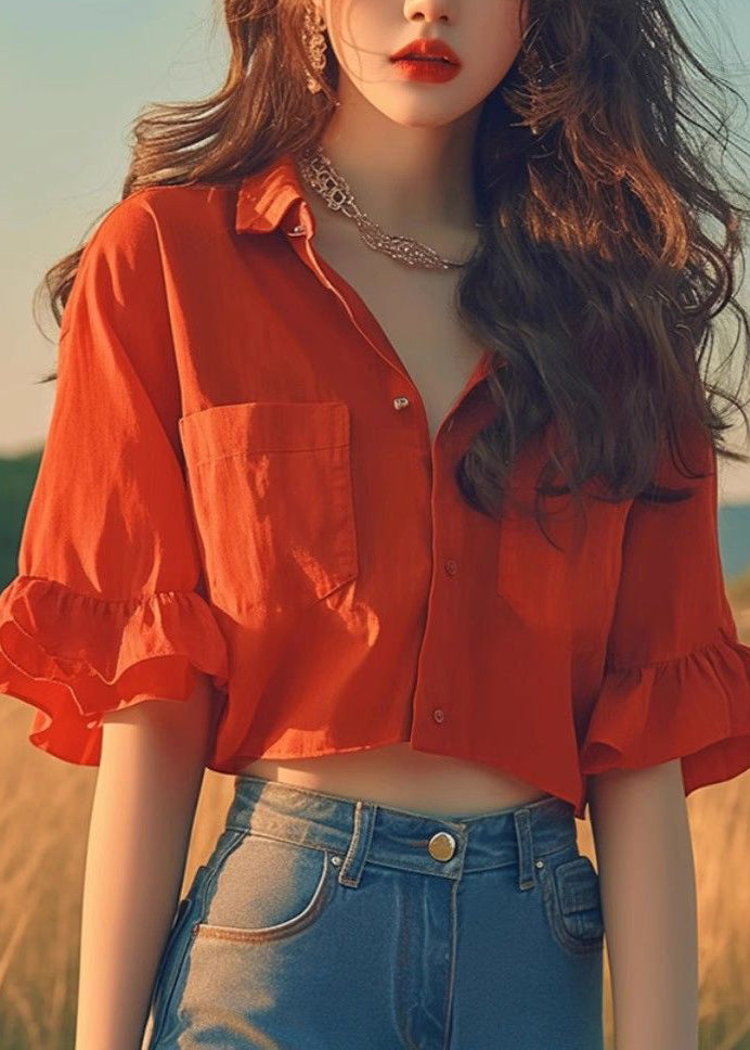 Red Peter Pan Collar Cotton Short Shirts Flare Sleeve