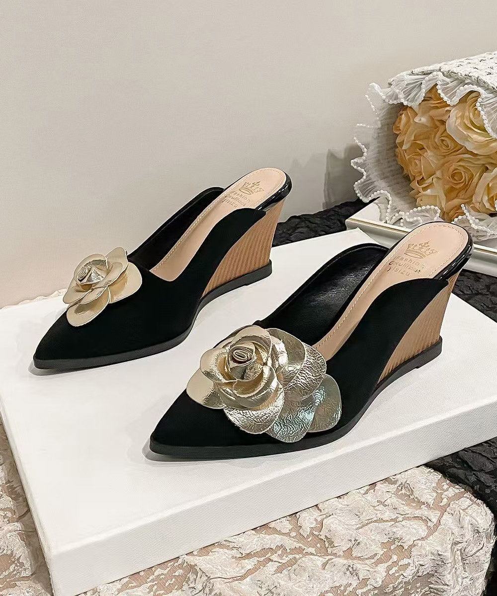 Classy Splicing Wedge Heels Black Suede Slide Sandals