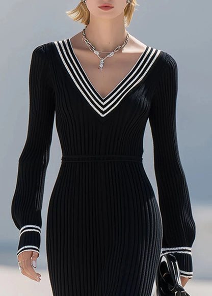 Black V Neck Striped Patchwork Knit Dress Fall