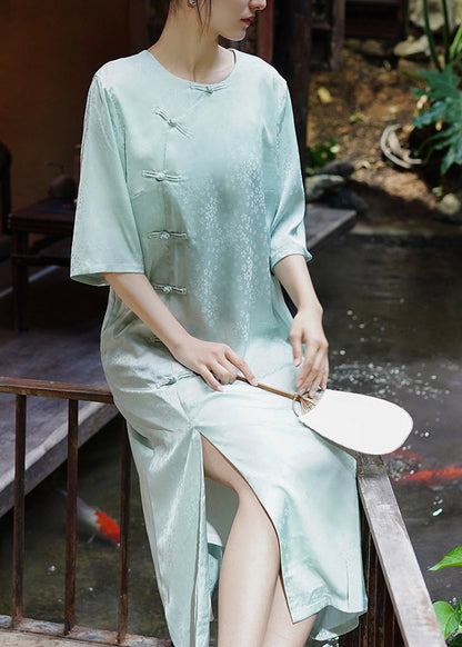 Light Green O Neck Oriental Button Silk Dress Summer