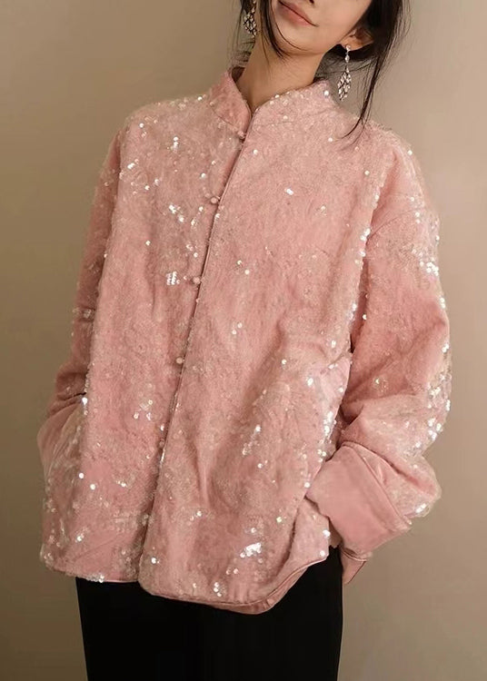 Pink Sequins Button Silk Velvet Coats Long Sleeve