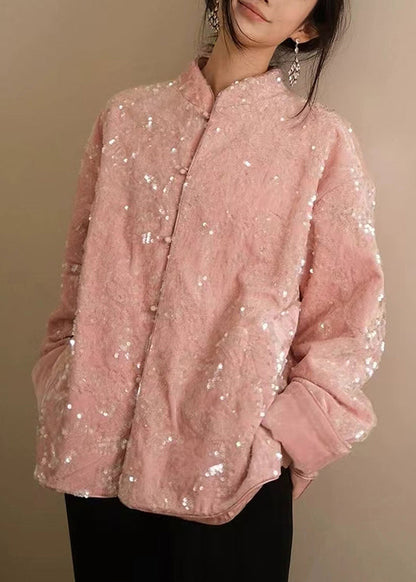 Pink Sequins Button Silk Velvet Coats Long Sleeve