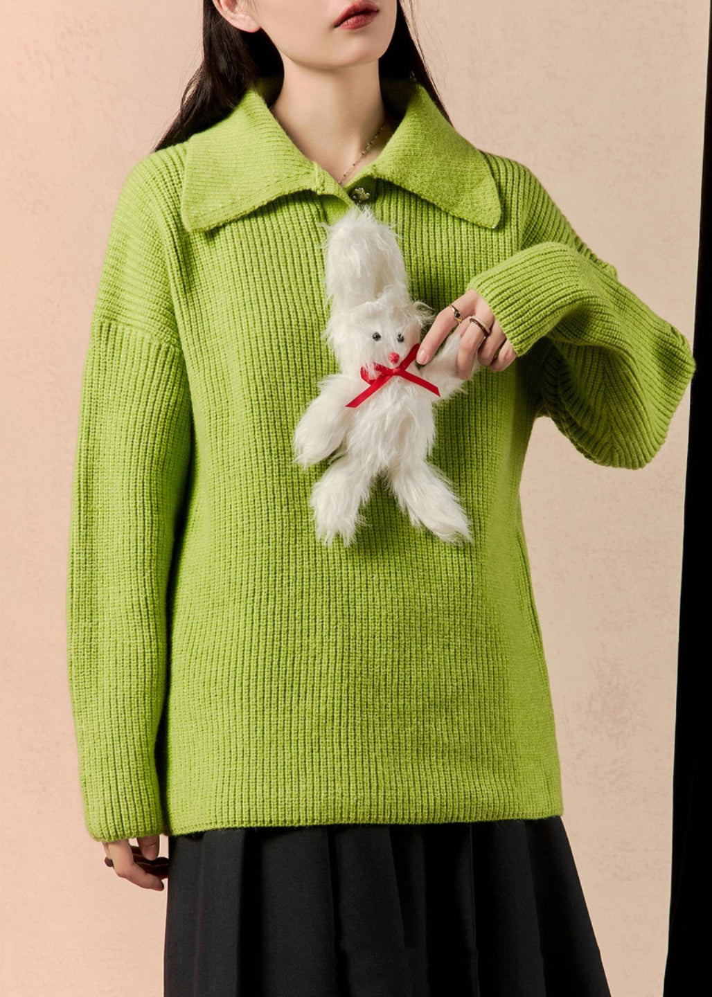 Green Peter Pan Collar Patchwork Knit Sweaters Winter