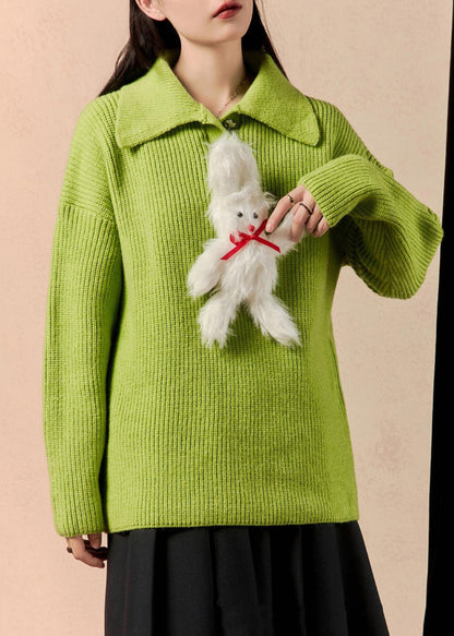 Green Peter Pan Collar Patchwork Knit Sweaters Winter
