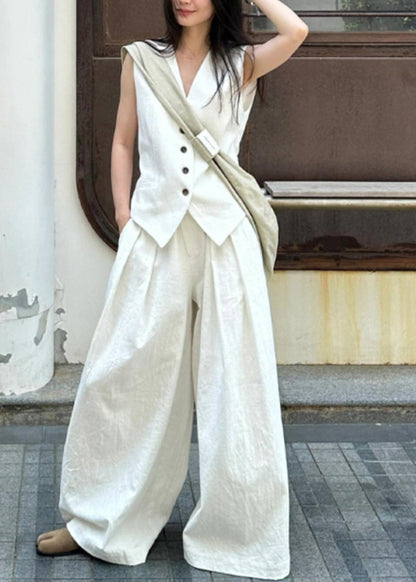 Vogue White V Neck Button Linen Waistcoat and Wide Leg Pants Two Piece Set Summer