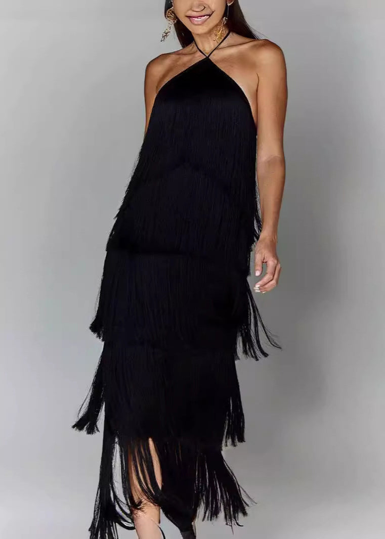 Camel Tassel Backless Halter Long Dress Summer