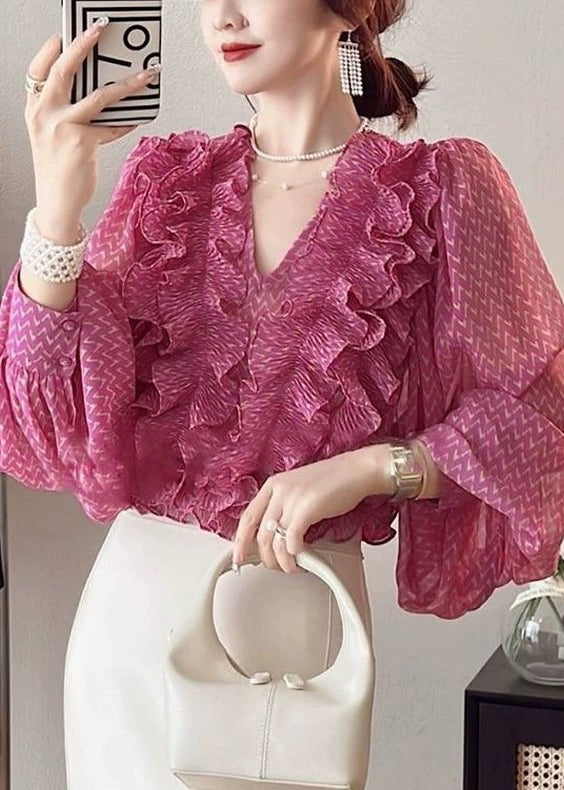 Pink V Neck Ruffled Print Chiffon Shirt Spring