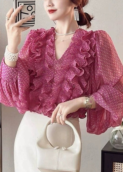 Pink V Neck Ruffled Print Chiffon Shirt Spring