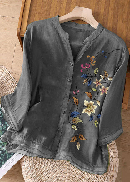 Green Embroideried Button Patchwork Linen Top Bracelet Sleeve