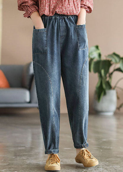 Style Blue Elastic Waist Pockets Cotton Denim Harem Pants Spring