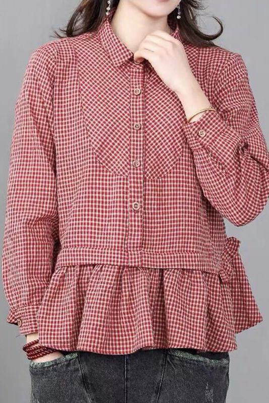 Limited Stock- Loose Plaid Ruffle Splicing Cotton Linen Shirt