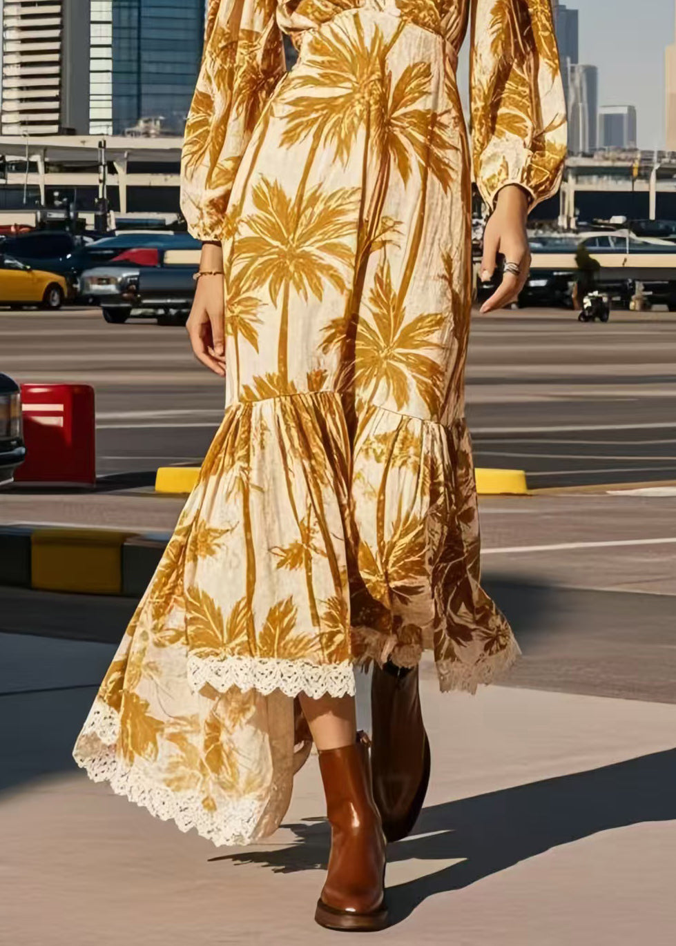 Khaki Print Patchwork Lace Vacation Dresses Spring