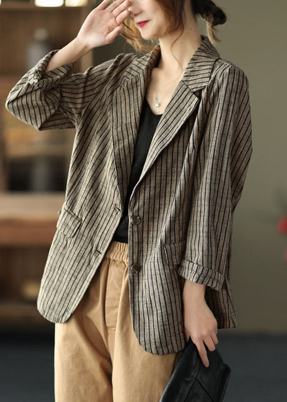 Light Button Pockets V Neck Striped Coats Long Sleeve